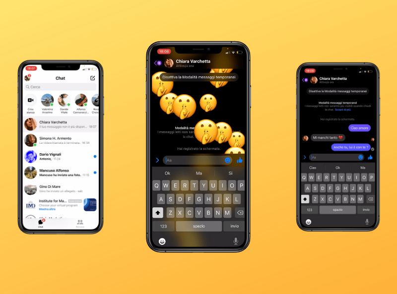 messaggi temporanei instagram e messenger. cellulare sfondo giallo chat