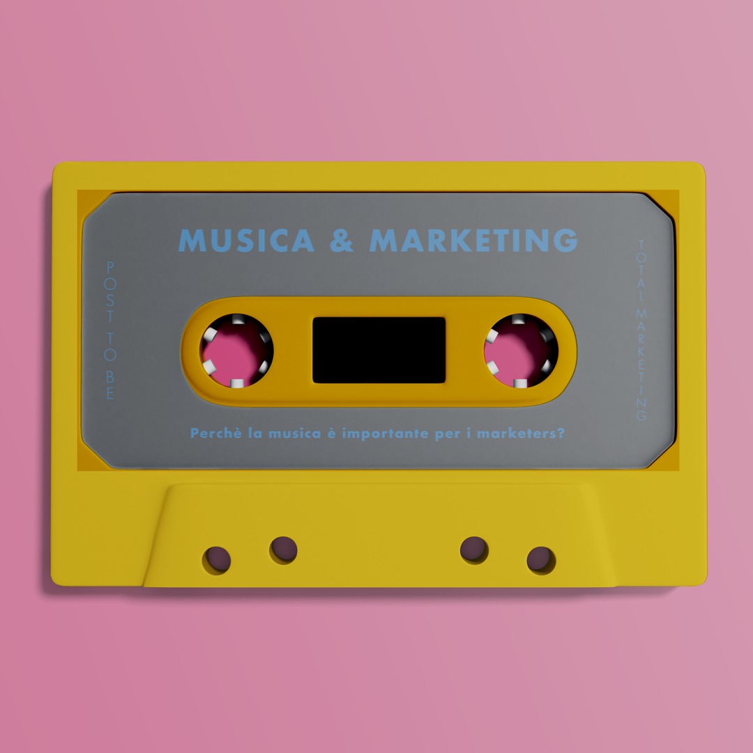musica e marketing scritto su minicassetta gialla con sfondo rosa